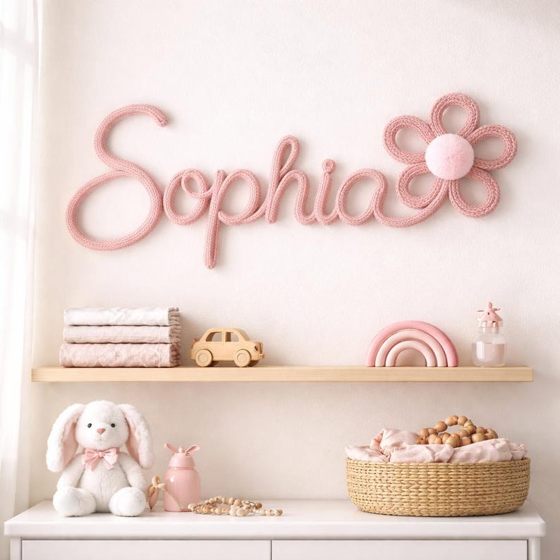 K&ouml;nnte beinhalten: Wanddekoration f&uuml;r das Kinderzimmer mit dem Namen "Sophia" in rosa Strickbuchstaben, begleitet von einer passenden Blume. Ein Regal darunter zeigt einen Stapel Decken, ein Holzauto, einen Regenbogen und einen Pl&uuml;schhasen.