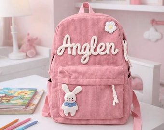 Aangepaste naam kinderrugzak, gepersonaliseerde corduroy peuterrugzak, schooltas peuter, kraamcadeau