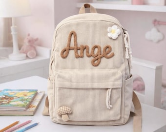 Aangepaste naam kinderrugzak, gepersonaliseerde corduroy peuterrugzak, schooltas peuter, kraamcadeau