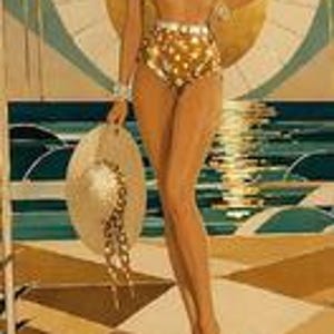 Może przedstawiać: Ilustracja w stylu art deco przedstawiająca osobę w złotym bikini w kropki i pasującym szalu, trzymającą kapelusz przeciwsłoneczny. Tło przedstawia scenę na plaży z dużym słońcem i geometrycznymi wzorami w odcieniach złota, turkusu i brązu.
