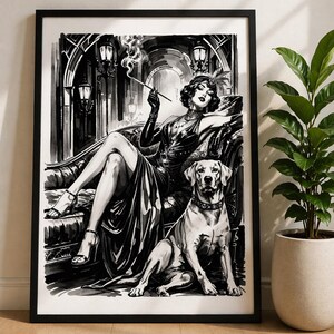May include: Black and white art print of a woman in a flapper dress, seated on a chaise lounge with a dog. The woman is smoking a cigarette and wearing a feathered headpiece. The dog is wearing a decorative collar. The print is framed.
