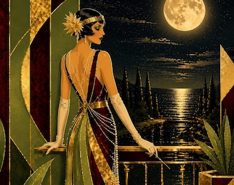 May include: Art Deco illustration of a woman in a long, elegant gown, standing on a balcony overlooking a moonlit lake. The dress is burgundy, green, and gold, with pearl accents. The woman wears a gold headband and long white gloves.