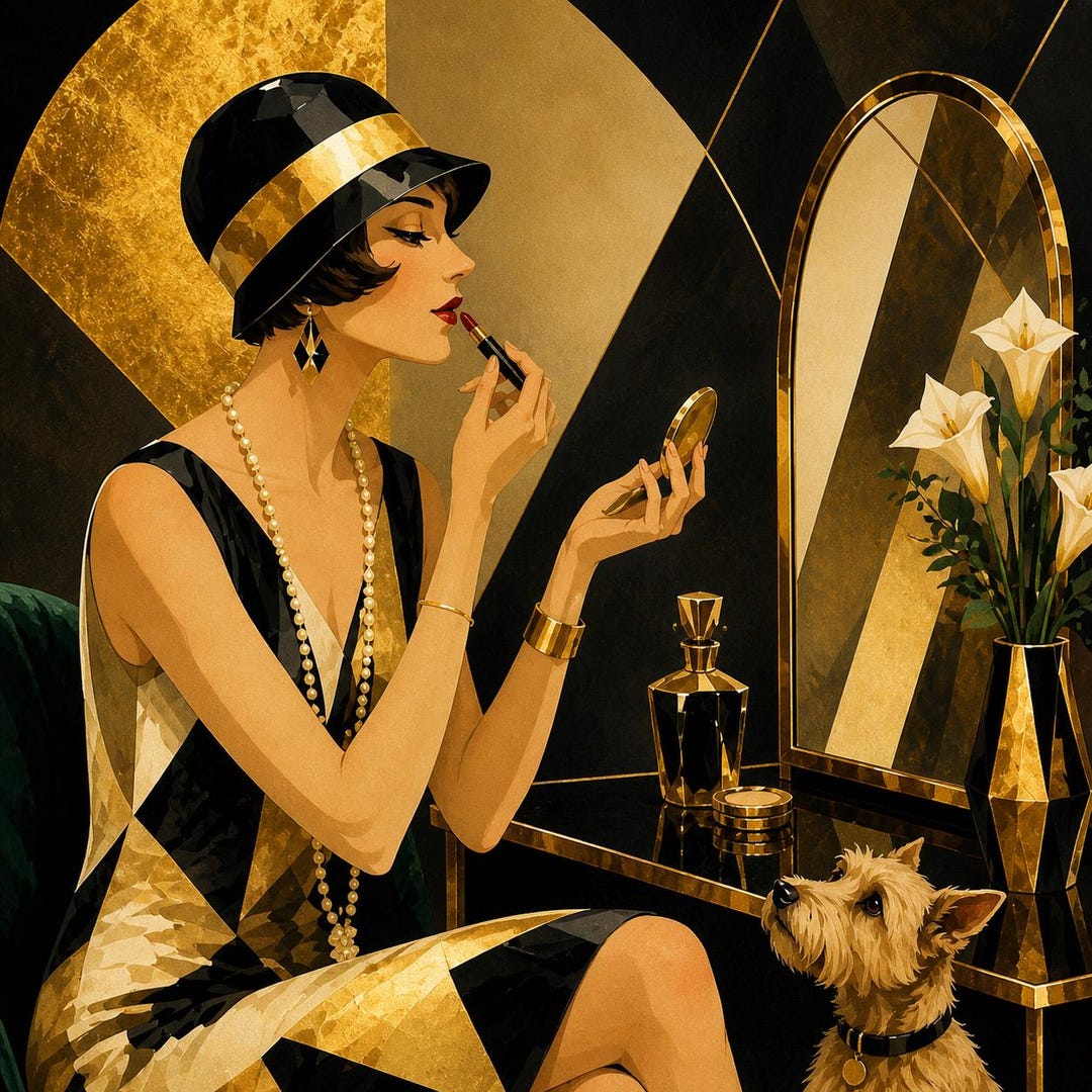 Art Deco Woman With Dog Print Black Gold Wall Art Gatsby Vanity Lady ...