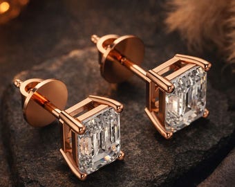 Emerald Cut Moissanite Diamond Stud Earrings 7x5 mm Minimalist Bridal Wedding Jewelry Everyday Luxury