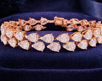 Pear Cut Moissanite Diamond Tennis Bracelet Rose Gold Bridal Wedding Jewelry Gift Luxury Dainty