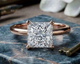 Princess Cut Moissanite Ring, Solitaire Engagement Rose Gold Promise Ring, Minimalist Bridal Jewelry Gift