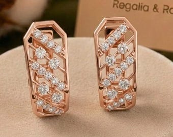 Geometric Moissanite Hoop Earrings, Dainty Diamond Art Deco Huggies Gold Lattice Openwork Jewelry Modern