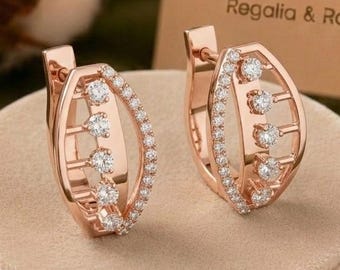 Moissanite Diamond Hoop Earrings Minimalist Oval Leaf Jewelry Unique Gold Dainty Anniversary Gift