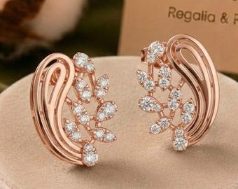 Elegant Moissanite Leaf Studs, Floral Cluster Climber Earrings, Hypoallergenic Non Allergic Jewelry Gold Rose