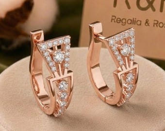 Art Deco Moissanite Huggie Earrings, Geometric Gold Hoop, Diamond Triangle Drop, Fine Jewelry Gift