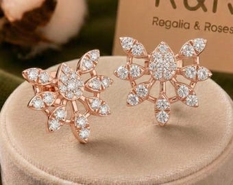 Moissanite Floral Studs, Leaf Cluster Earrings, Non Allergic Gold Jewelry For Her Regalia & Roses