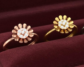 Floral Moissanite Ring in Gold Rose Silver | Daisy Flower Promise Ring |Hypoallergenic Jewelry Gift