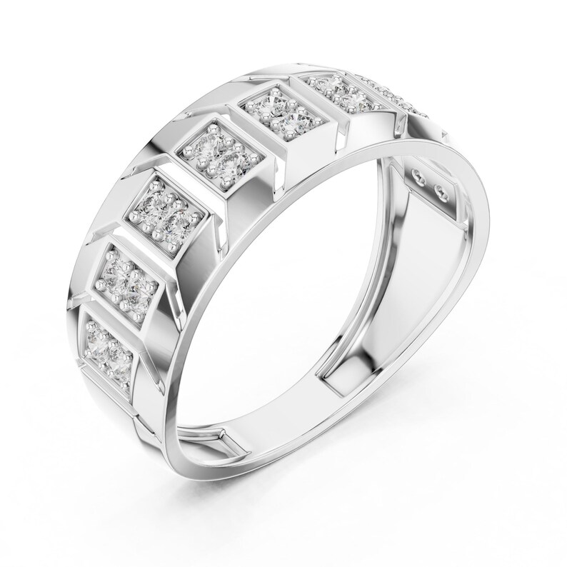 Silver tone wide Chunky moissanite diamond geometric band ring statement ring angled view with high gloss surface and premium stone setting, Regalia & Roses