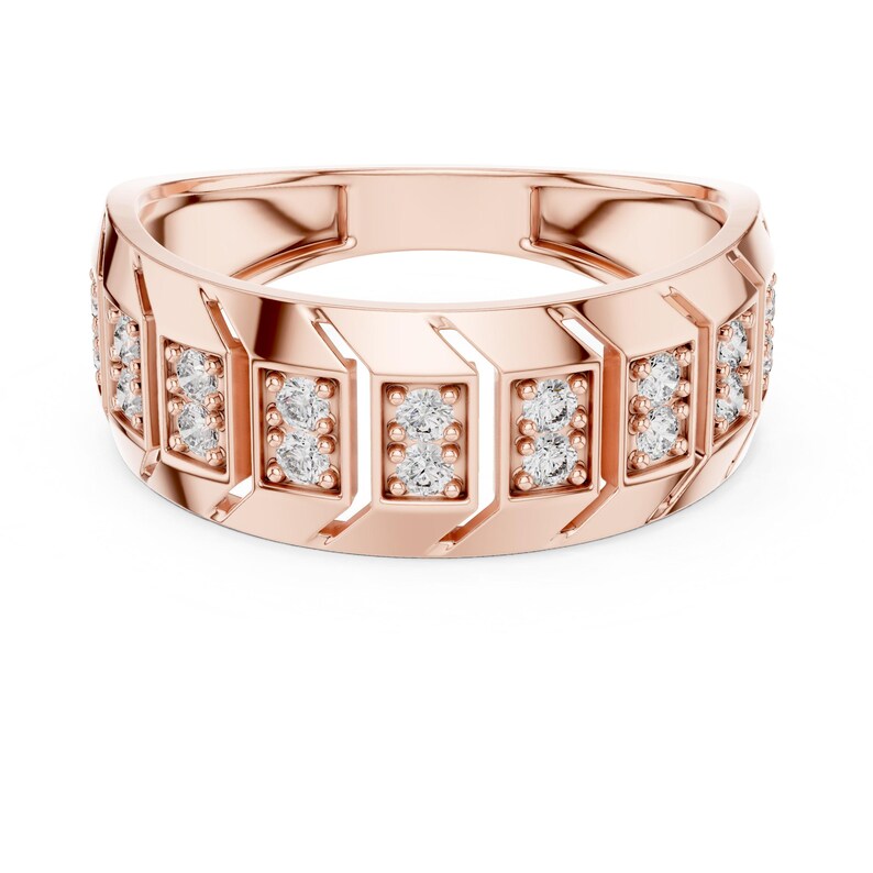 Rose gold Chunky moissanite diamond geometric band ring geometric panel band ring with rectangular stone settings on white background, luxury jewelry, Regalia & Roses