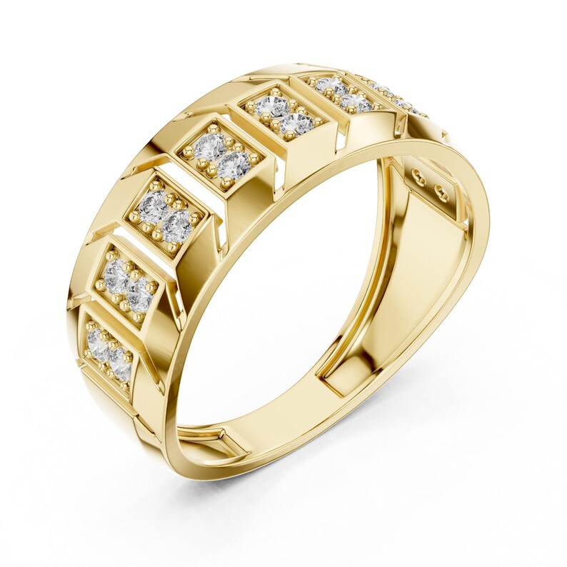 Gold plated Chunky moissanite diamond geometric band ring side profile with bold architectural pattern, anniversary gift jewelry, Regalia & Roses