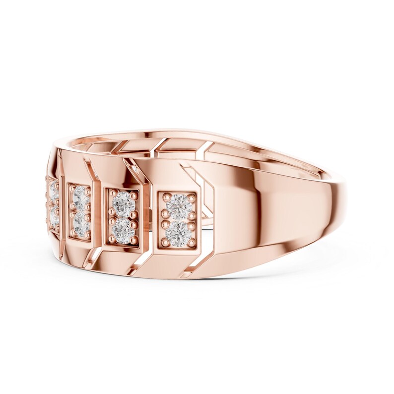 Rose gold geometric Chunky moissanite diamond geometric band ring interior view with comfort fit lining and ventilated stone backing, Regalia & Roses