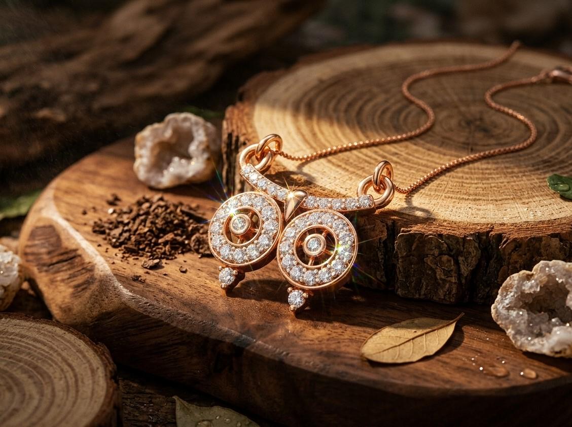 Owl Moissanite Necklace Rose gold Dainty Luxury Pendant Jewelry Gift for Women Elegant Minimal