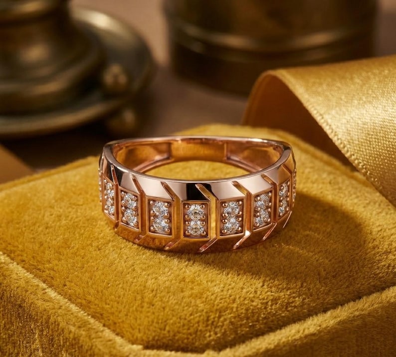 Rose gold Chunky moissanite diamond geometric band ring displayed on velvet fabric with gift-style presentation, romantic jewelry, Regalia & Roses