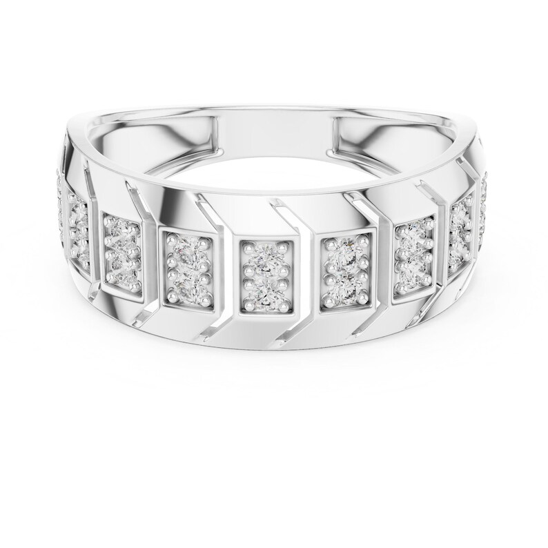 Silver tone Chunky moissanite diamond geometric band ring panel ring with polished finish and structured design, bridal fashion jewelry, Regalia & Roses