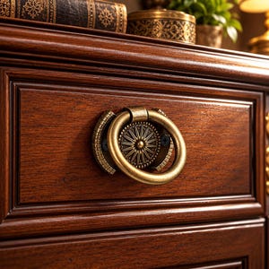 May include: A circular brass drawer pull with a sunburst design at the center, mounted on a dark brown wooden drawer. The hardware features a swinging ring handle attached to a decorative backplate secured by two visible black screws.