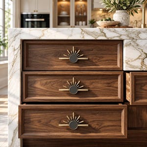 Sunburst drawer pull, Art Deco cabinet accent, Antique brass or matte black metal