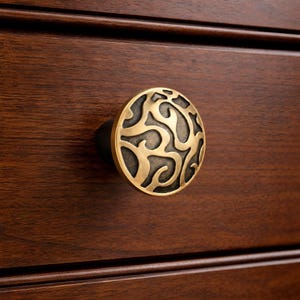 May include: A circular brass cabinet knob featuring an intricate, raised, organic cutout pattern with a dark, recessed background. The knob is mounted on a dark brown wooden drawer front with a horizontal grain and a visible horizontal trim line.