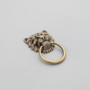 Op de afbeelding: Een messingkleurige metalen ladeknop met een gedetailleerd leeuwenkopontwerp en een ronde ringgreep aan de bek. De afwerking heeft donkere uitsparingen om de gebeeldhouwde manen en de gelaatstrekken van de leeuw te accentueren.