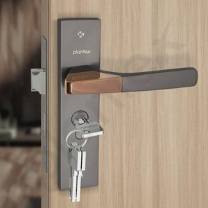 May include: A dark grey rectangular door handle plate with a two-tone lever featuring a copper-coloured accent. The plate displays the brand name plantex, a keyhole, and a silver key inserted with a matching key attached on a metal ring.