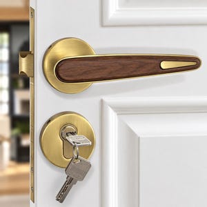 木製ハンドル付きほぞ穴錠セット、アンティーク真鍮仕上げ、室内玄関用金具