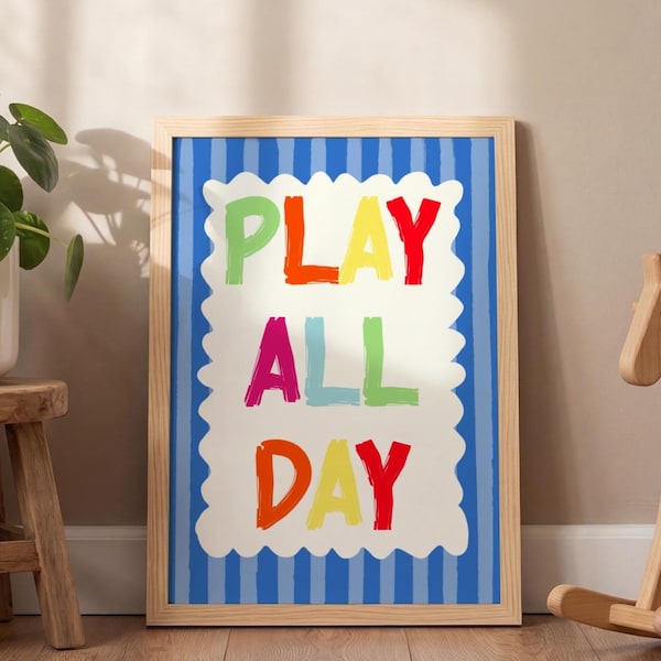 Play All Day Print, Colorful Whimsical Nursery Wall Art, Kids Rainbow Playroom Decor