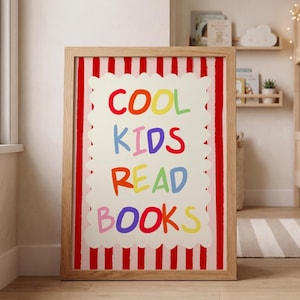 手描きの「子供たちが本を読む」プリント、プレイルーム、ホームスクール、教室の装飾（デジタルダウンロード）