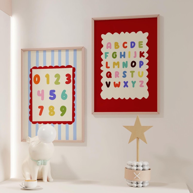 Colorful Alphabet and Numbers Poster Set, Playroom Wall Art, Vintage ...