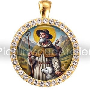 SAINT ROCH Pendant, Patron Saint against The Plague, Patron Saint of Dogs, Patron Saint of Falsely Accused People, Rhinestone