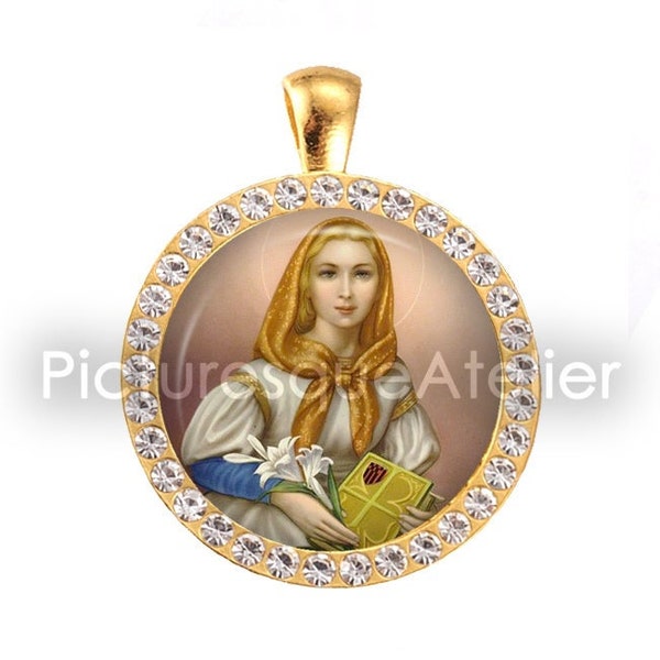 SAINT DYMPHNA Pendant, Patron Saint of Mental Health, Golden, Rhinestones, Glass Pendant