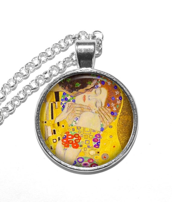 Collier Pendentif 'Le Baiser De Klimt' - Cabochon En Verre, Chaîne Argentée 51-55 Cm, Création Didoulaine