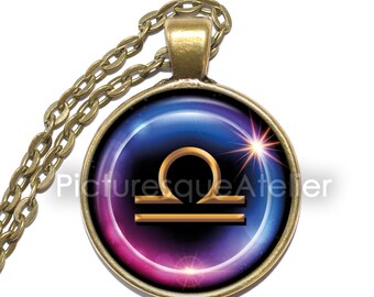 WAAGE Sternzeichen Halskette, Sternzeichen, siebtes Zeichen, Luft, Astrologie, Kunst Anhänger Halskette, Glas Anhänger