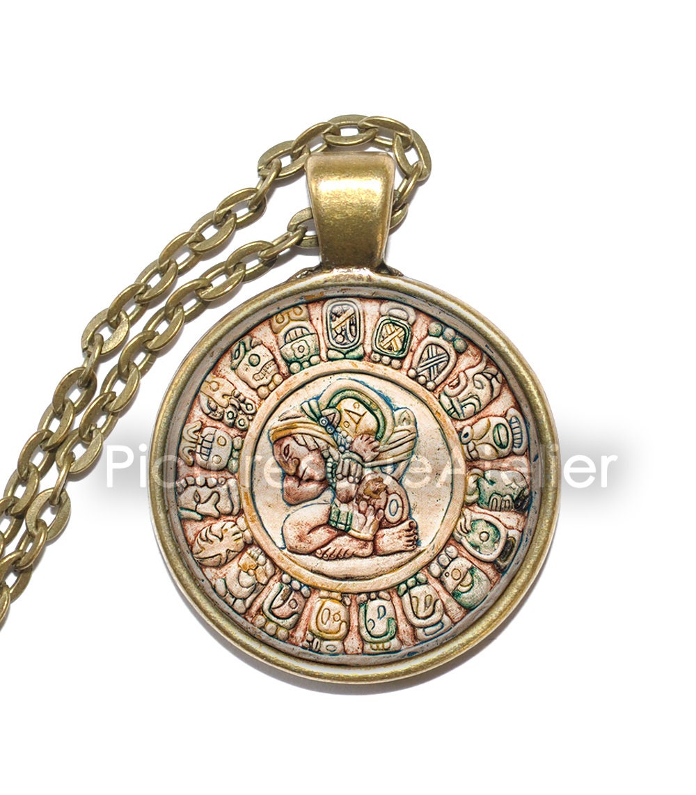 MAYA CALENDAR Necklace, Mayan culture, Mythological, Itzamna, Art Pendant Necklace, Glass Pendant