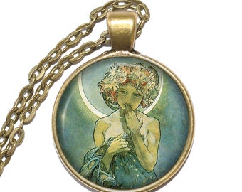 ALPHONSE MUCHA ILLUSTRATION Necklace, Painter, Illustrator, Art Noveau, Czech, Graphic artist, Art Pendant Necklace, Glass Pendant