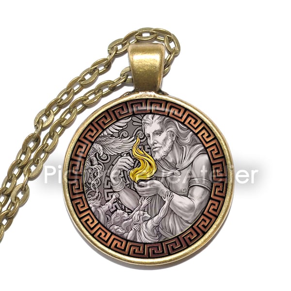 PROMETHEUS Necklace, God of Fire, Titan, Greek, Mythology, The Fire Bringer, Supreme Trickster, Glass pendant