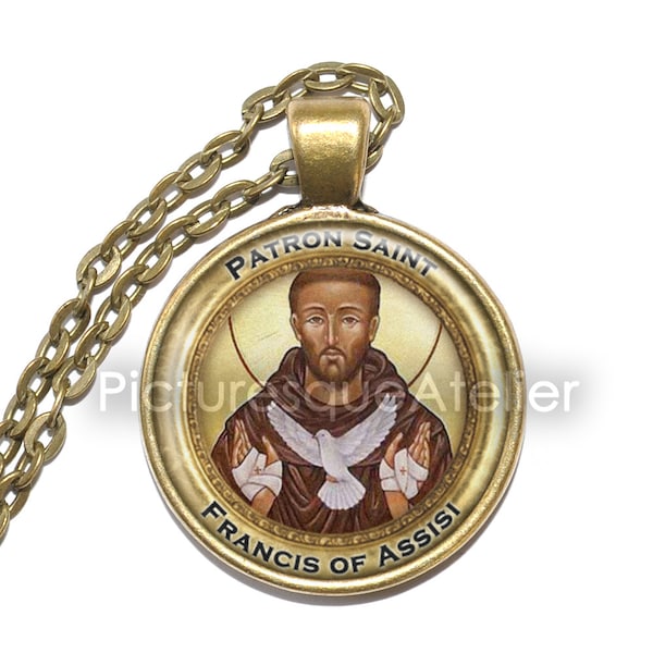 Collana SAN FRANCESCO D'ASSISI, Patrono degli animali, Patrono dell'ambiente, Santo d'Italia, Pendente in vetro