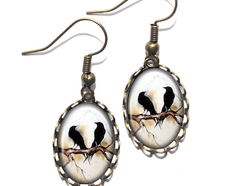 RAVEN Earrings, Bird, Corvus, Hugin, Munin, Art Pendant Earrings, Glass Pendant Earrings, Handmade Jewelry