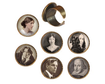 FAMOUS AUTHORS Cabochon Ring, Virginia Woolf, Emily Dickinson, Elizabeth Barrett Browning, Oscar Wilde, W. B. Yeats, William Shakespeare