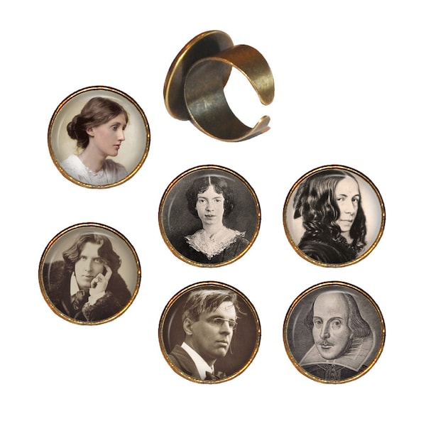 AUTEURS CÉLÈBRES Bague Cabochon, Virginia Woolf, Emily Dickinson, Elizabeth Barrett Browning, Oscar Wilde, W. B. Yeats, William Shakespeare