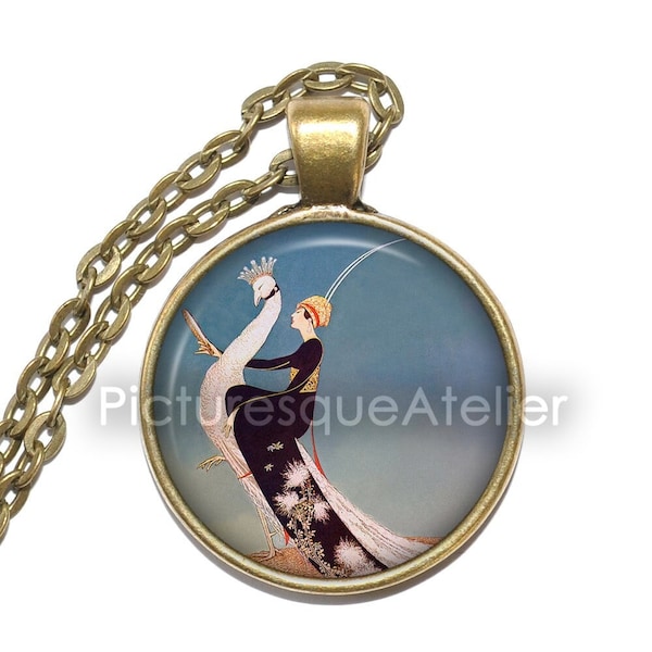 VOGUE COVER 1918 Necklace, Lady on a peacock, Art Deco, George Wolfe Plank, Art Pendant Necklace, Glass Pendant, Handmade jewelry
