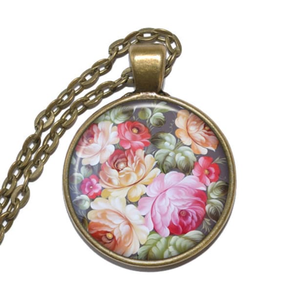 ZHOSTOVO PAINTING Necklace, Flower Necklace, Russian, Handicraft, Art Pendant Necklace, Glass Pendant, Handmade Jewelry