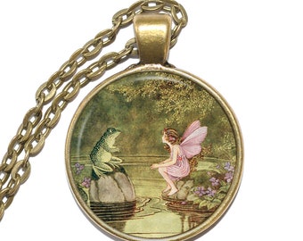 FAIRY & FROG Necklace/Keyring, Fairy, Frog, Fantasy, Magic, Pixie, Art Pendant Necklace, Pendant Keyring, Glass Pendant, Handmade Jewelry