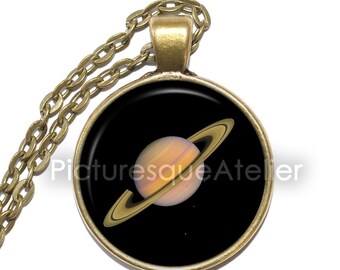 SATURN Necklace, Planet, Milky Way, Solar System, Space, Universe, Art Pendant Necklace, Glass Pendant, Handmade Jewelry