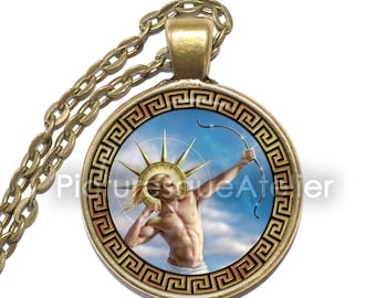 Collier APOLLO, Dieu du Soleil, Dieu du tir à l’arc, Dieu de la guérison, Dieu de la prophétie, Dieu de la vérité, Grec, Mythologie, Pendentif en verre