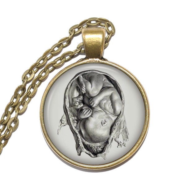 FETUS Necklace, Leonardo da Vinci, Pregnancy, Anatomical art, Art Pendant Necklace, Glass Pendant, Handmade Jewelry