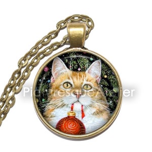 CHRISTMAS CAT Necklace, Christmas, Holiday, Winter, Snow, Art Pendant Necklace, Handmade Jewelry, Glass Pendant Necklace